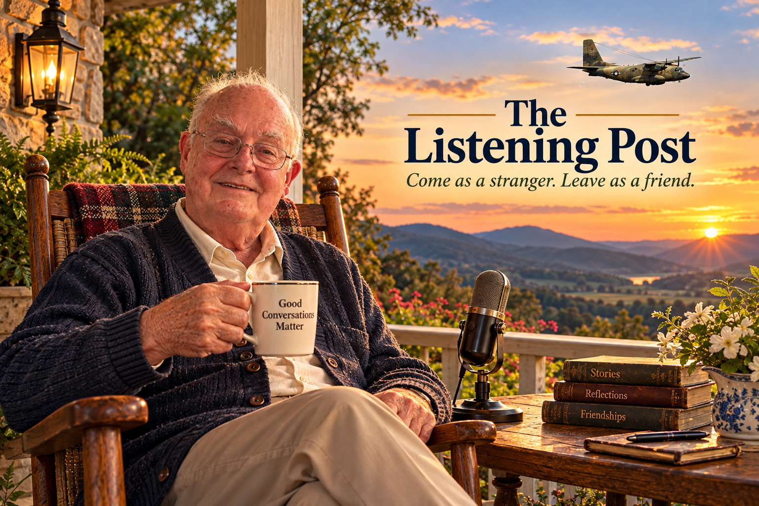 The Ole Storyteller seated on a porch at sunset, with a family photograph, flags, books, and the words Come on up and sit a while.